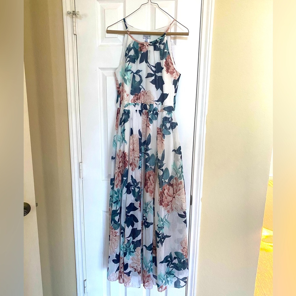 Pre-Owned Alexa B White Floral Long Maxi Beautiful Dress Sleevless Size 8